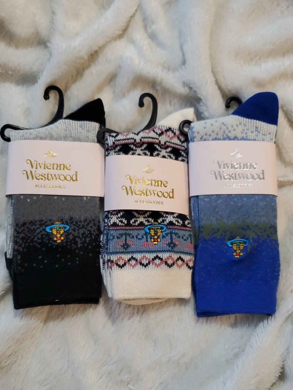 Vivienne Westwood Women’s Crew Socks in Black, White & Blue - Patterned 3 Pairs